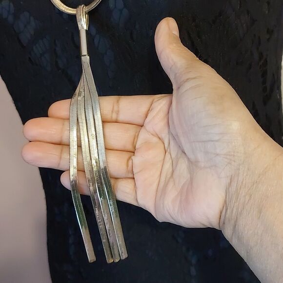 WHBM Two Tone Gold Silver Wide Herringbone Y Drop Tassel Statement Necklace - Picture 2 of 5